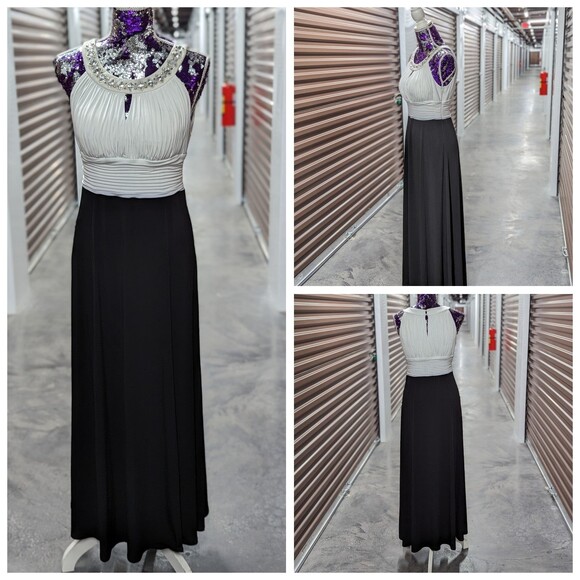 Sangria 10P High Neck Black & White Dress with Rhinestone Neck - Picture 1 of 9